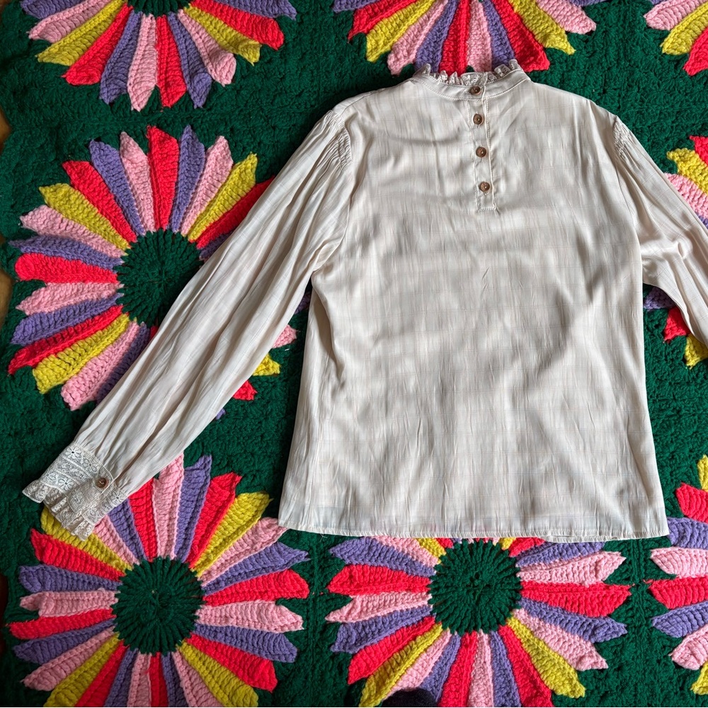 Lace Trim High-Neck Cream Blouse - Picture 8 of 13